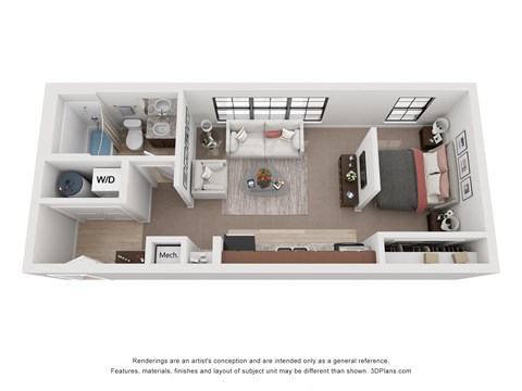 a stylized floor plan with a bedroom and living room